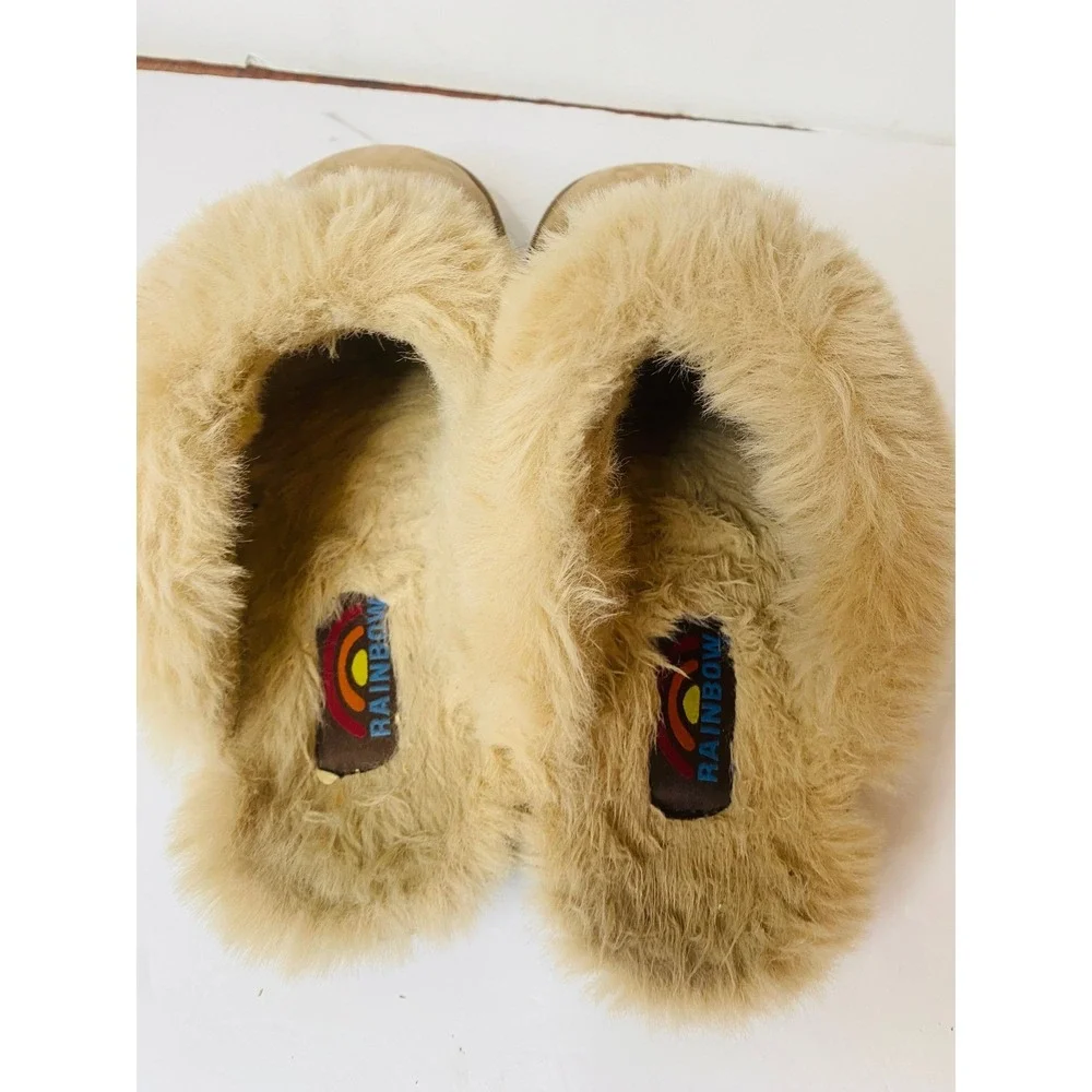 Rainbow sunset snugs Mens Sz‎ 11 leather Suede Slippers Slides Tan Brown